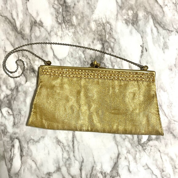 VTG 80s Gold Beaded Evening Clutch Purse - Picture 1 of 7